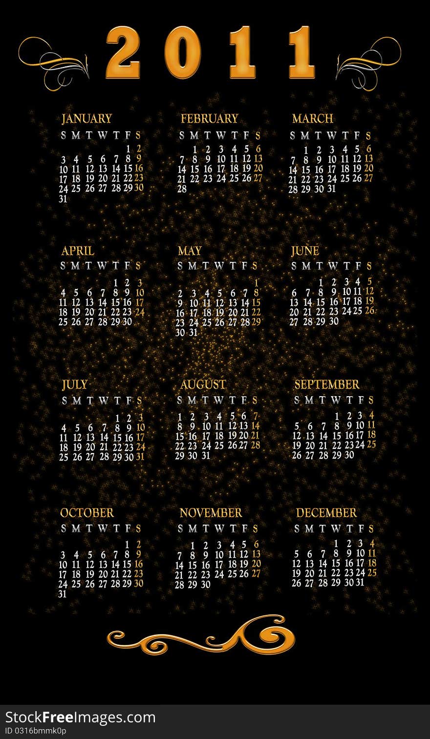 Black with gold 2011 calendar. Black with gold 2011 calendar