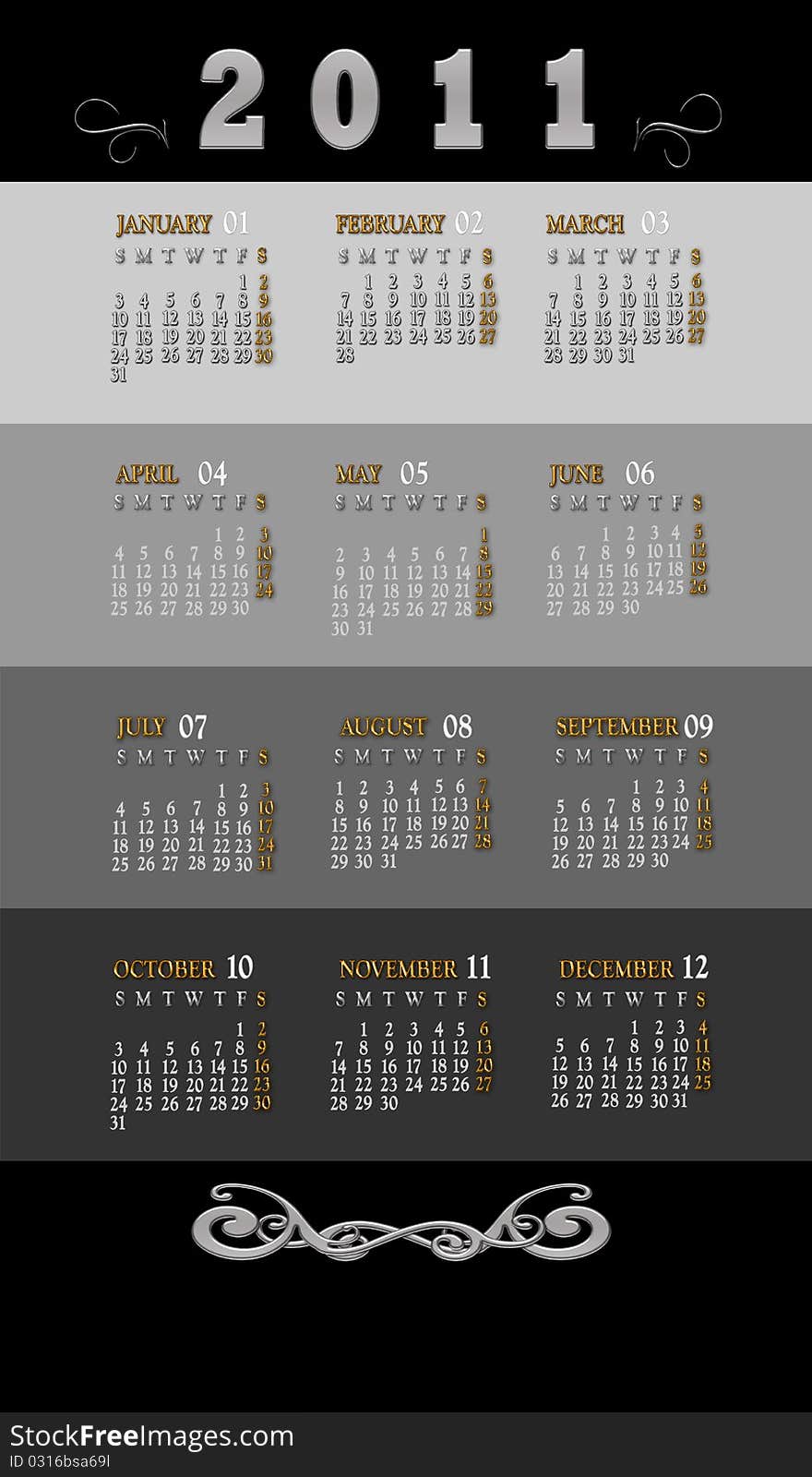 Black with gold 2011 calendar. Black with gold 2011 calendar