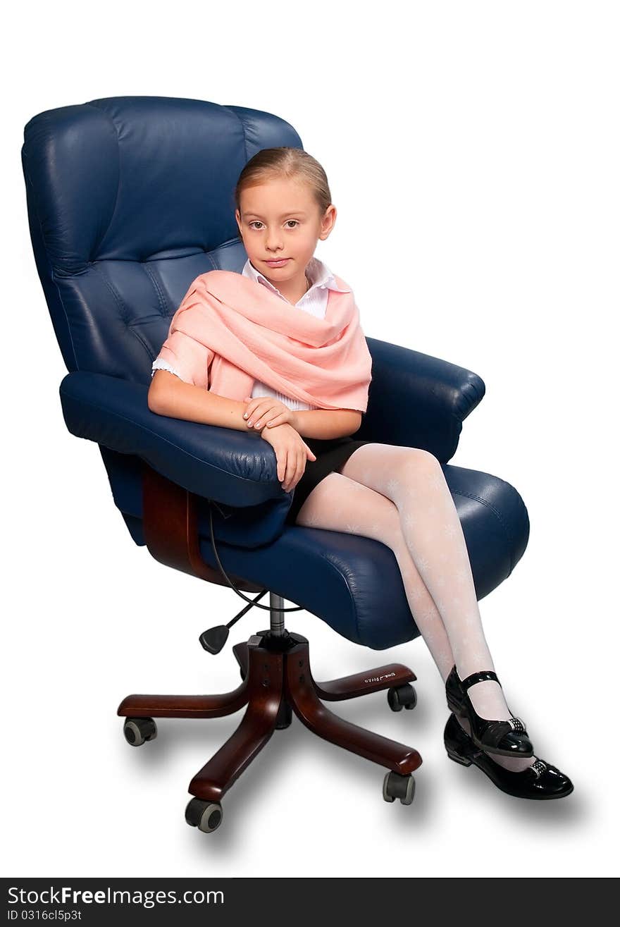 Portrait of attractive little girl sitting on office chair, isolated on white. Portrait of attractive little girl sitting on office chair, isolated on white.