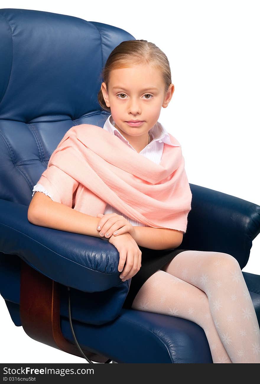 Portrait of attractive little girl sitting on office chair, isolated on white. Portrait of attractive little girl sitting on office chair, isolated on white.