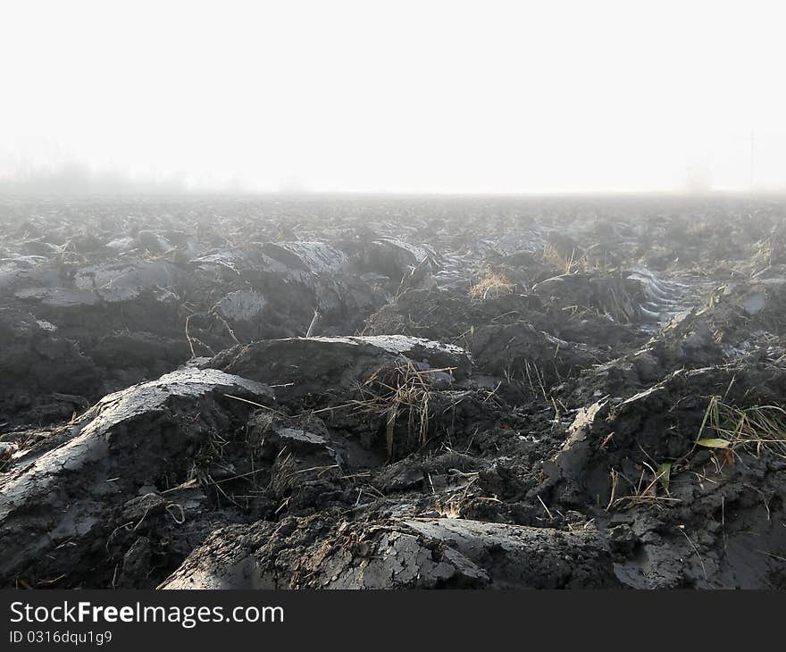 Plowed field on a fog weather in november