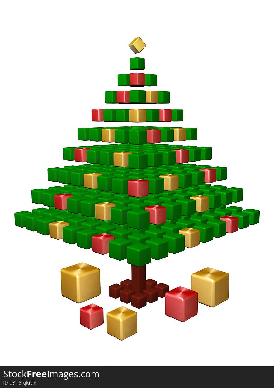 Abstract christmas tree with gift boxes, 3d render