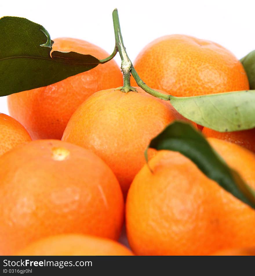 Mandarins, one with leaves, on white background. Mandarins, one with leaves, on white background