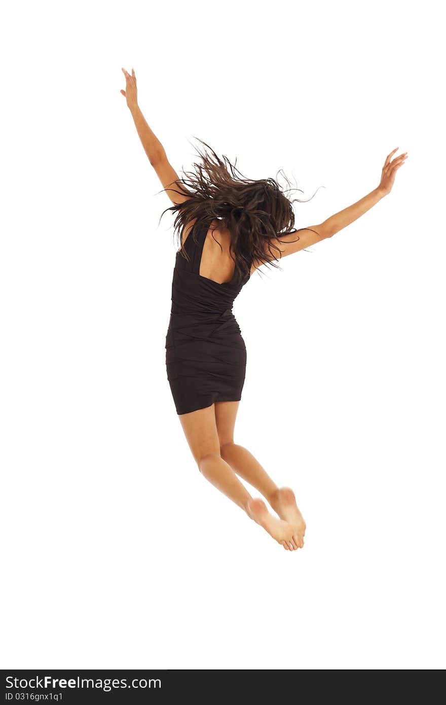 Cute Young Woman With Black Dress Jumping