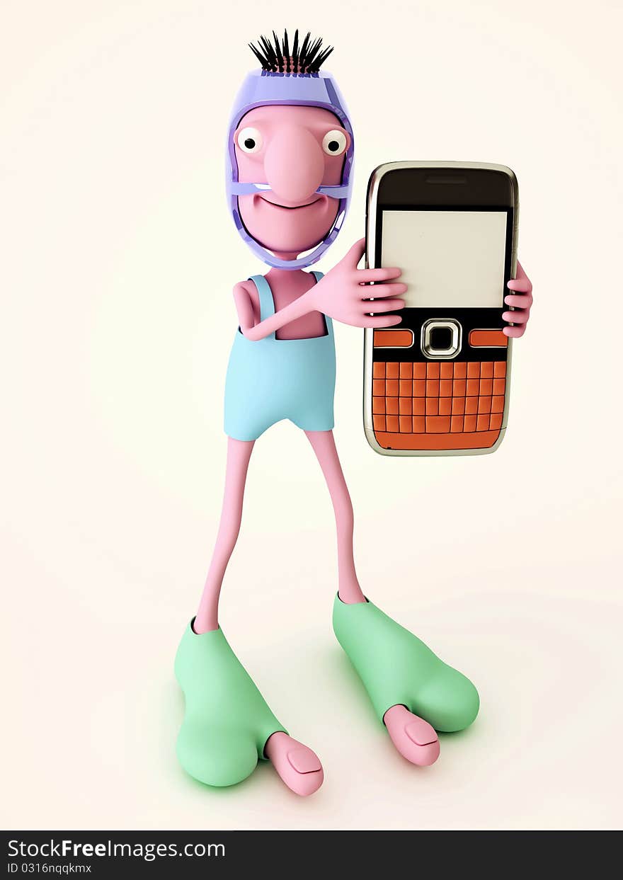 3d man holding one cellphone in hand. 3d man holding one cellphone in hand