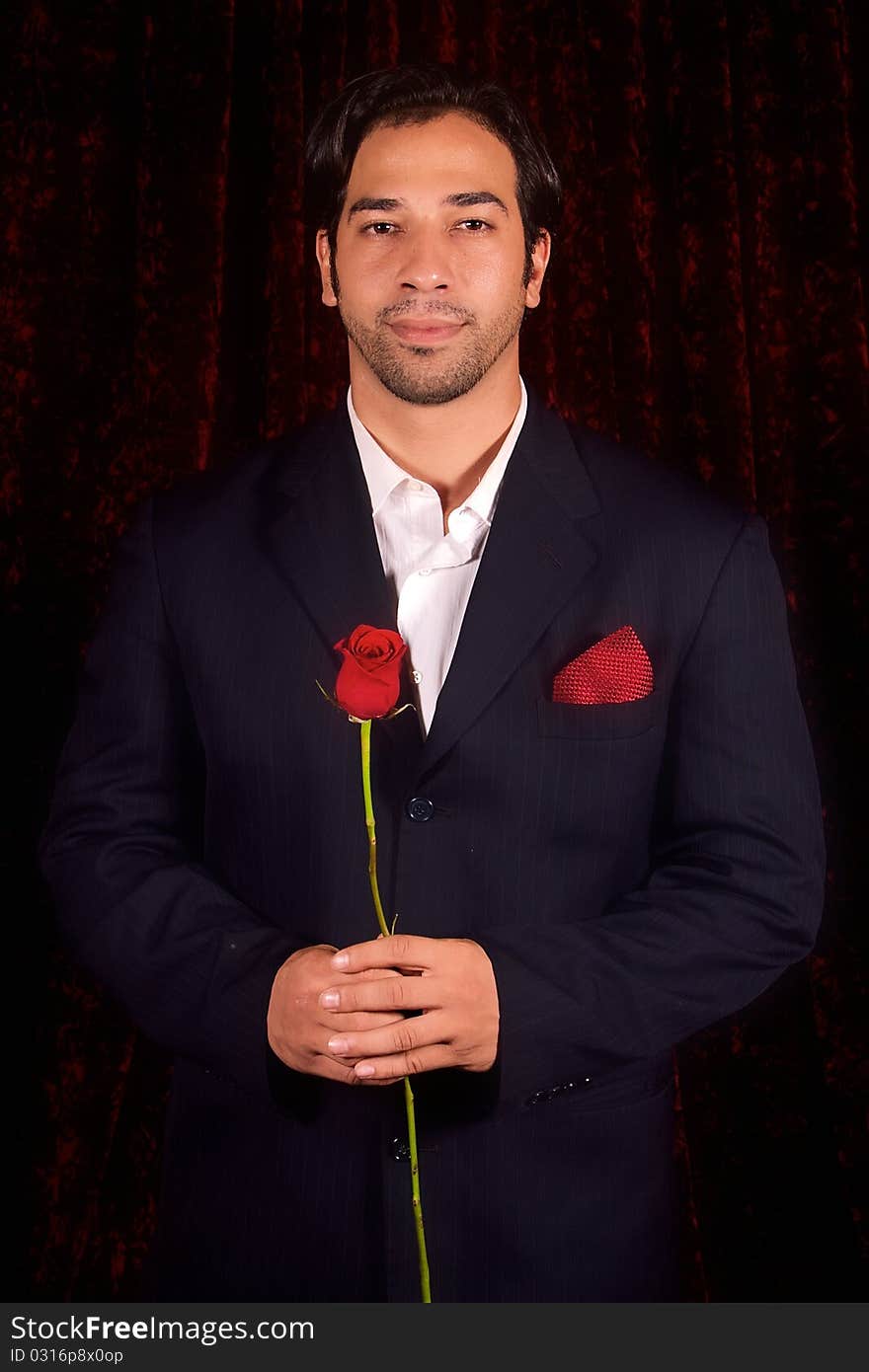 A gentleman suitor offers a rose. A gentleman suitor offers a rose