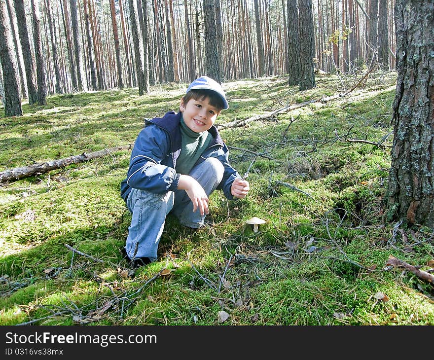 Autumn mushroom picking nine year old boy with a knife in his hand