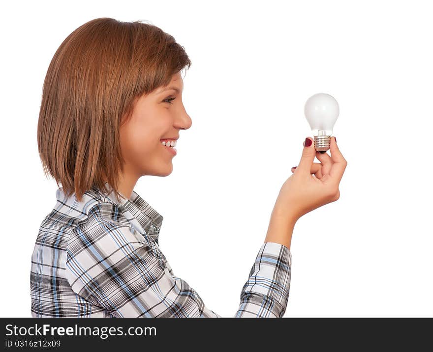 Portrait of a beautiful teenage girl with bulb. Isolated on white background.