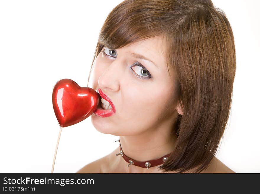 Close up portrait of beautiful woman with heart on white background. Close up portrait of beautiful woman with heart on white background