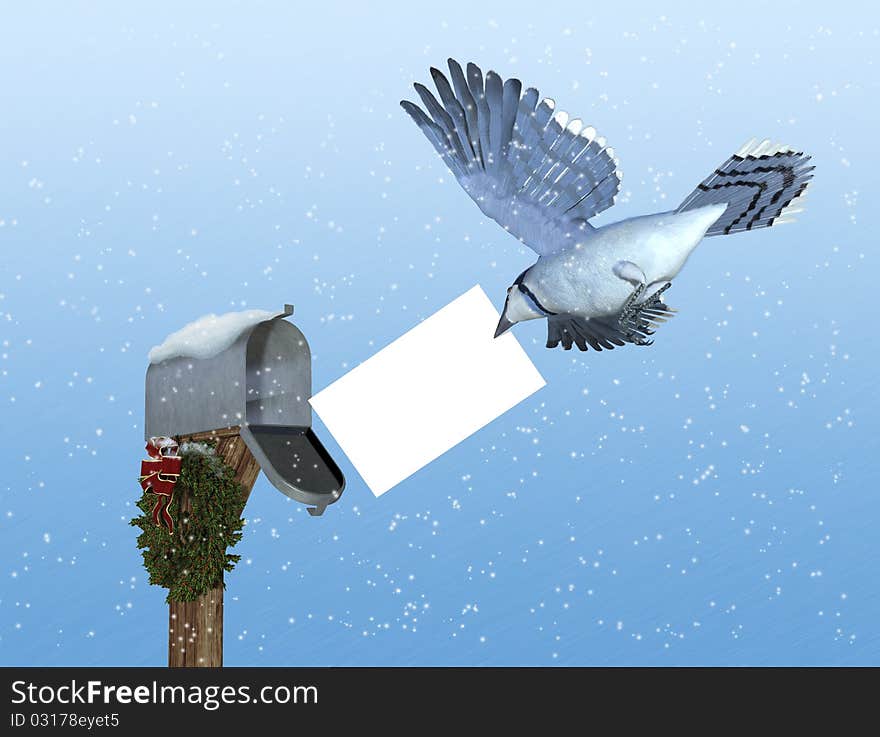 A bluejay brings a special delivery to a rural mailbox decorated with a Christmas wreath - 3D render with digital painting. The envelope is left blank for your message. A bluejay brings a special delivery to a rural mailbox decorated with a Christmas wreath - 3D render with digital painting. The envelope is left blank for your message.