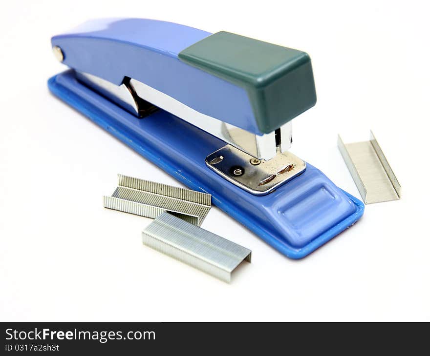 Blue strip stapler isolated on white background