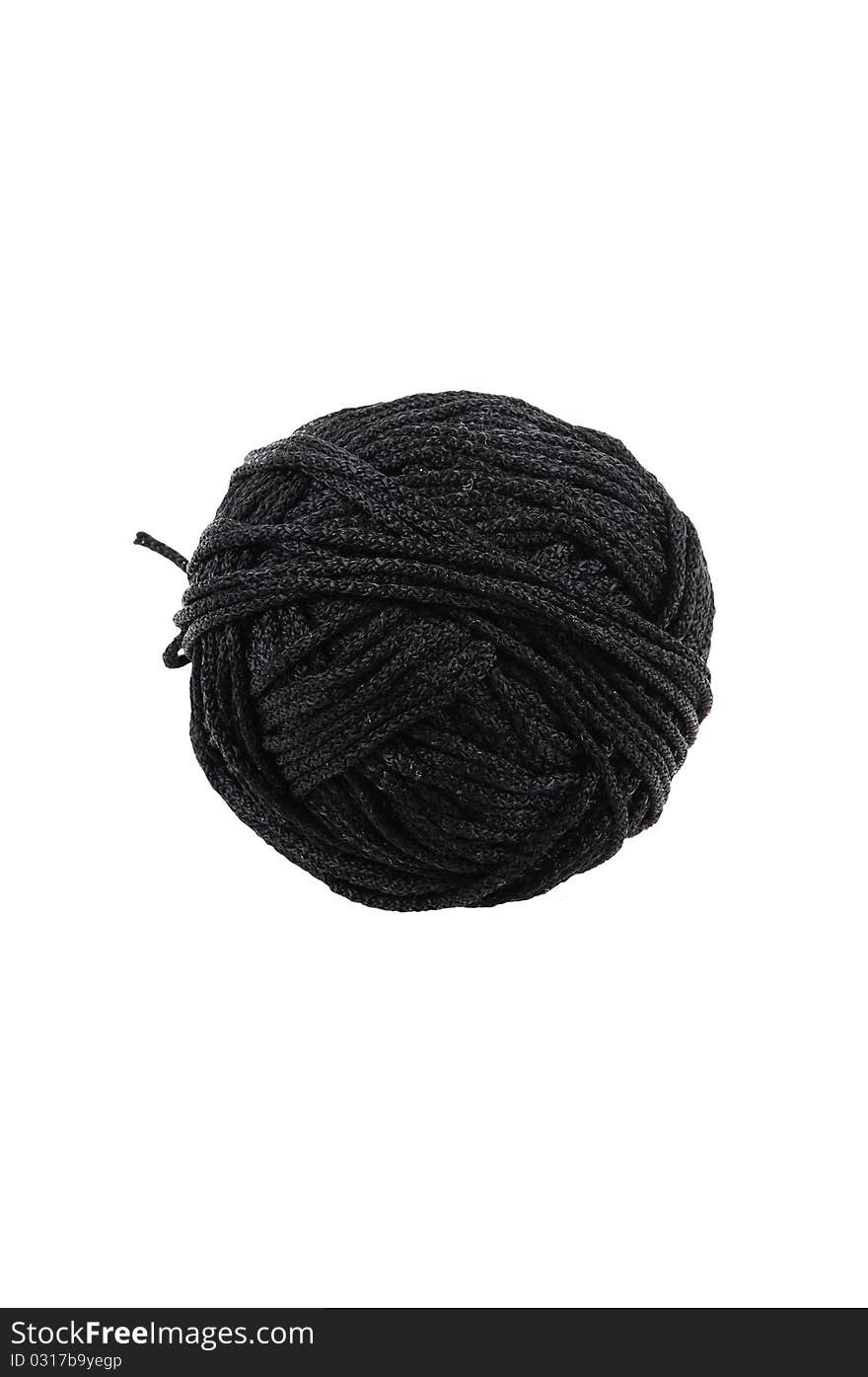 A ball of black braided small robe, made from synthetic yarn, for tying up something, for white background. A ball of black braided small robe, made from synthetic yarn, for tying up something, for white background.