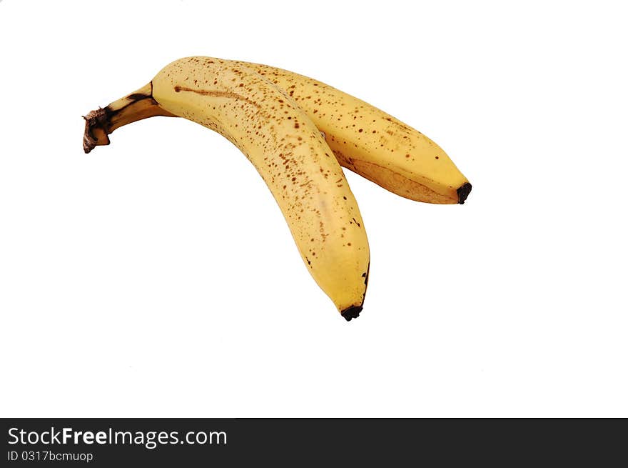 Two ripe bananas on white background with copy space. Two ripe bananas on white background with copy space.