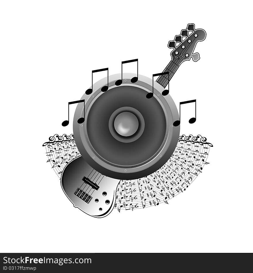 The guitar and speaker with music notes in isolate computer generated. The guitar and speaker with music notes in isolate computer generated