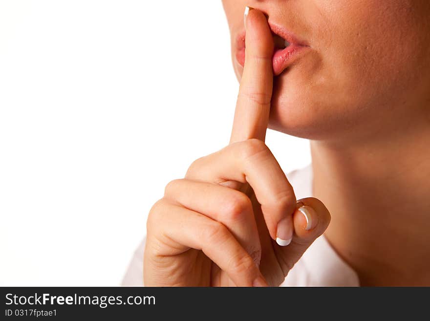 Shh woman mouth finger on white background. Shh woman mouth finger on white background