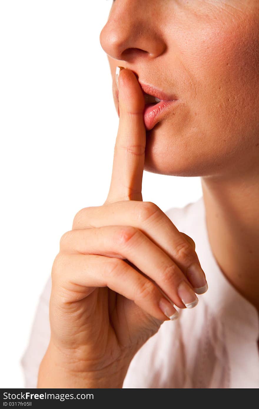 Shh woman mouth finger on white background. Shh woman mouth finger on white background