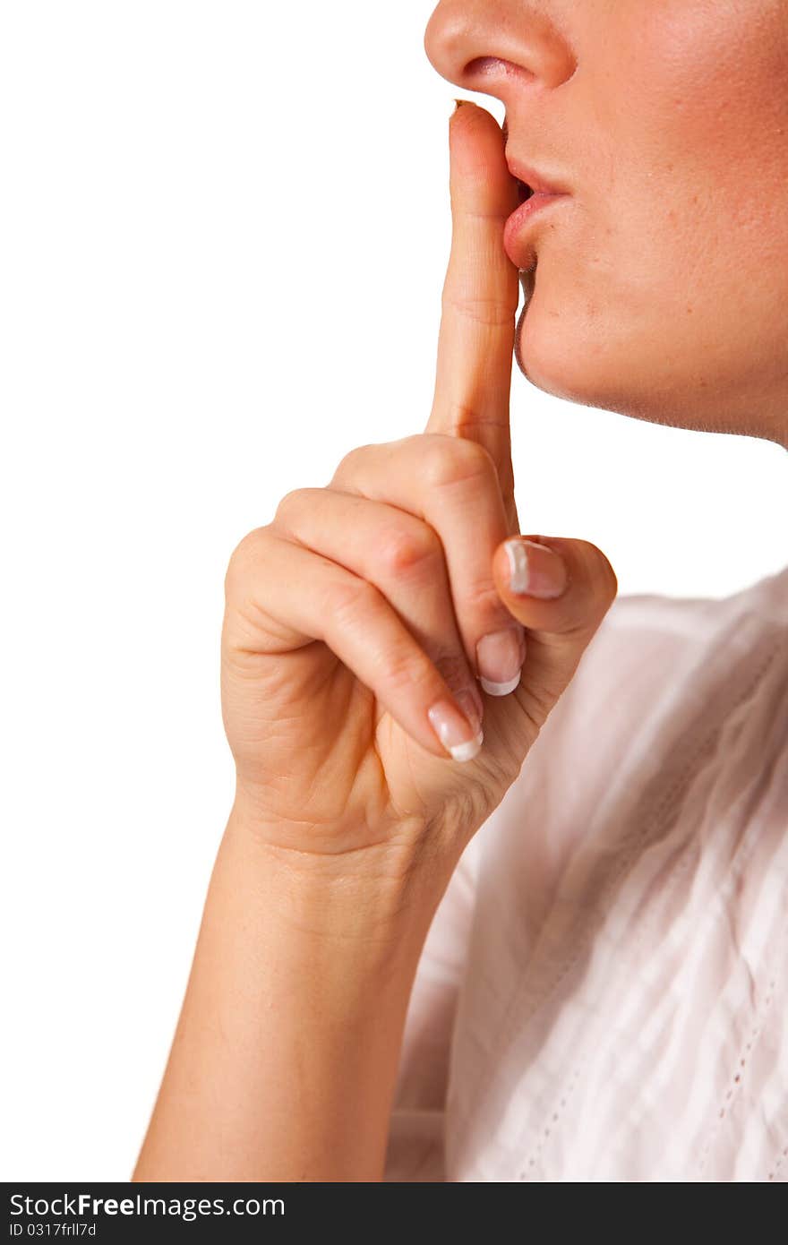 Shh woman mouth finger on white background. Shh woman mouth finger on white background