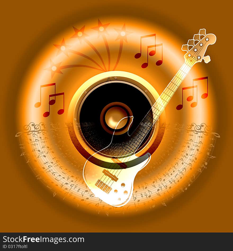 The guitar and speaker with music notes banner in brown colourfully gradient, computer generated. The guitar and speaker with music notes banner in brown colourfully gradient, computer generated