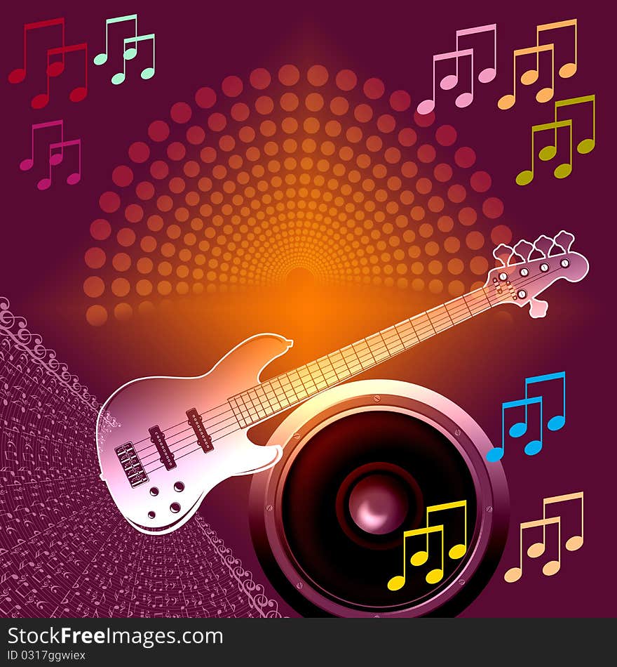 The guitar and speaker with music notes banner in violet and brown colourfully gradient, computer generated. The guitar and speaker with music notes banner in violet and brown colourfully gradient, computer generated