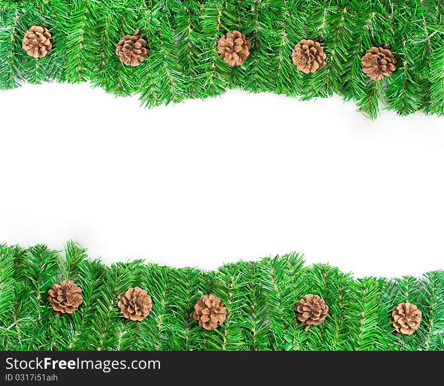 Christmas green pine frame with studio shot isolated on white. Christmas green pine frame with studio shot isolated on white