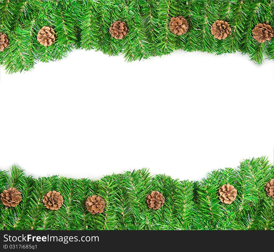 Christmas green framework with Pine needles and cones isolated on white background