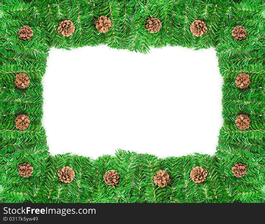 Christmas green framework with Pine needles and cones isolated on white background. Christmas green framework with Pine needles and cones isolated on white background