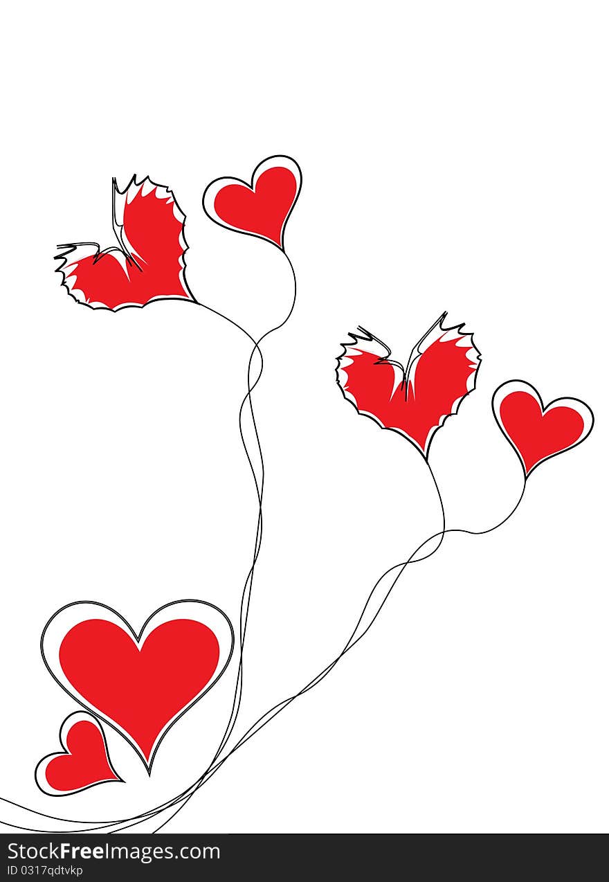 Hearts flying like kite on white background