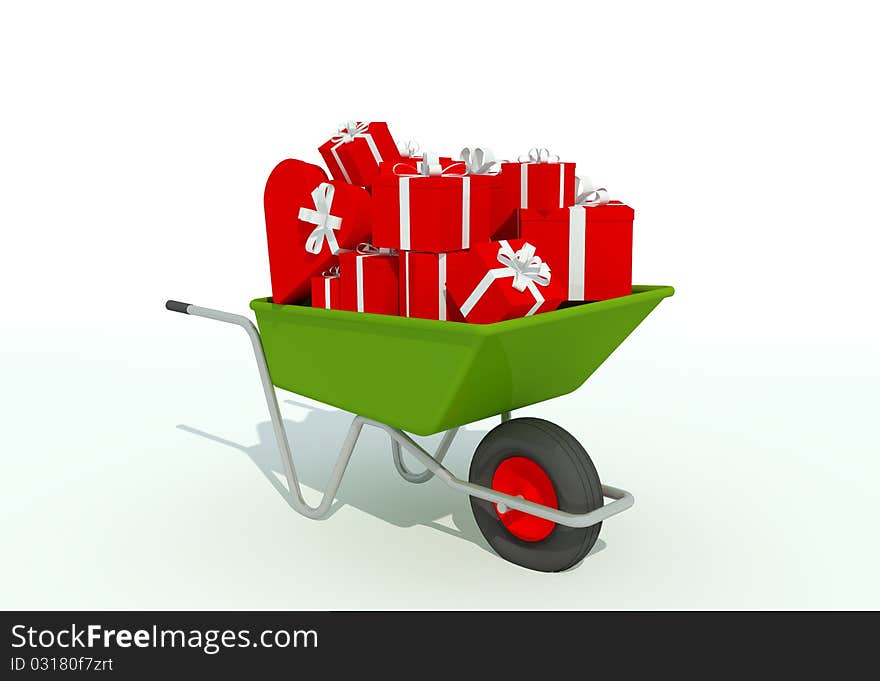 Wheelbarrow filled with red presents. Wheelbarrow filled with red presents