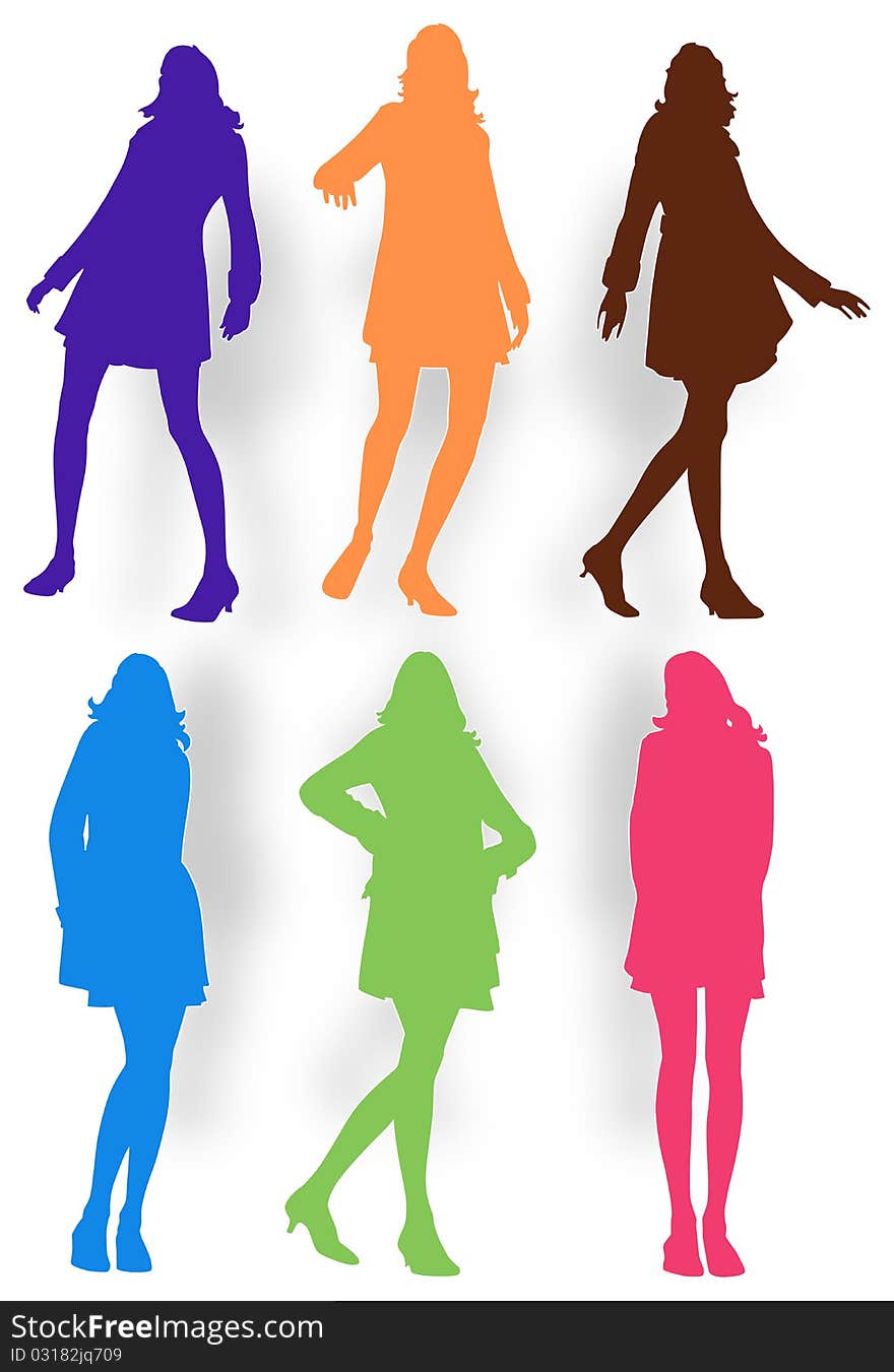 6 colorful silhouettes of posing women. 6 colorful silhouettes of posing women