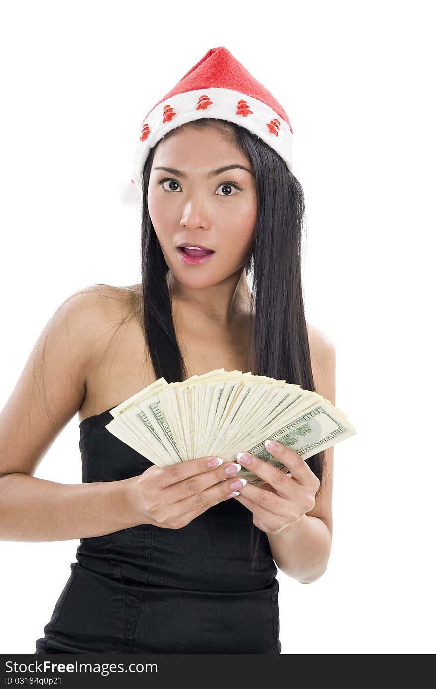 Woman With Santa Claus Hat And Money