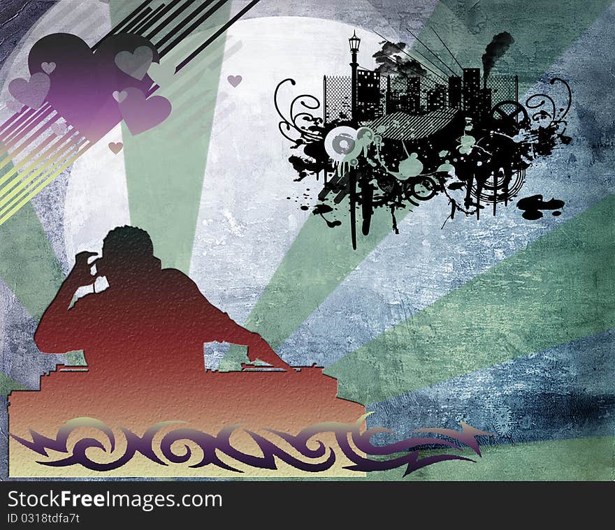 Illustration of an dj man playing tunes with music