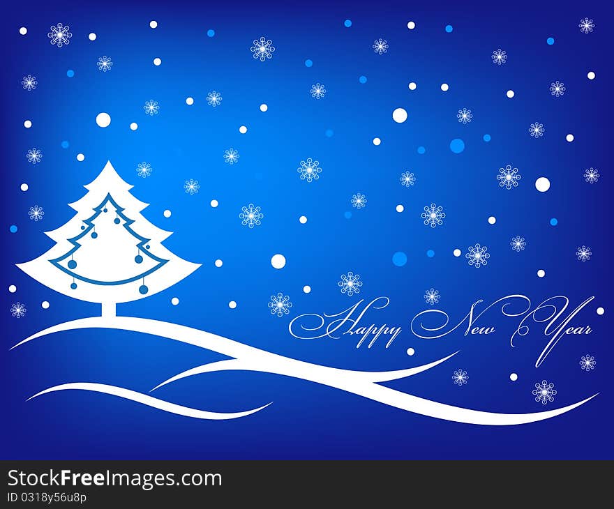 Happy new year blue greeting inscription card with christmas tree and snowflakes. Vector illustration