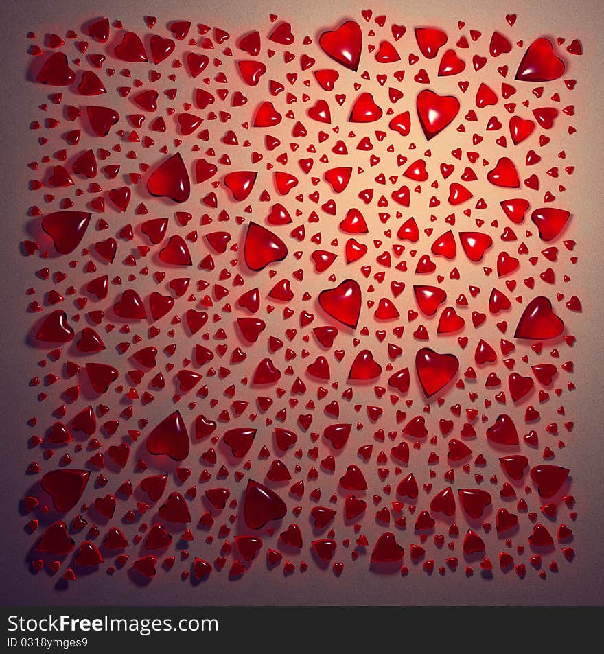 Hearts of red glass on rough surface, 3d rendered love or medical theme design background