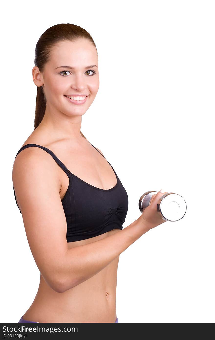 Portrait of fitness woman working out with dumbbels; isolated on white