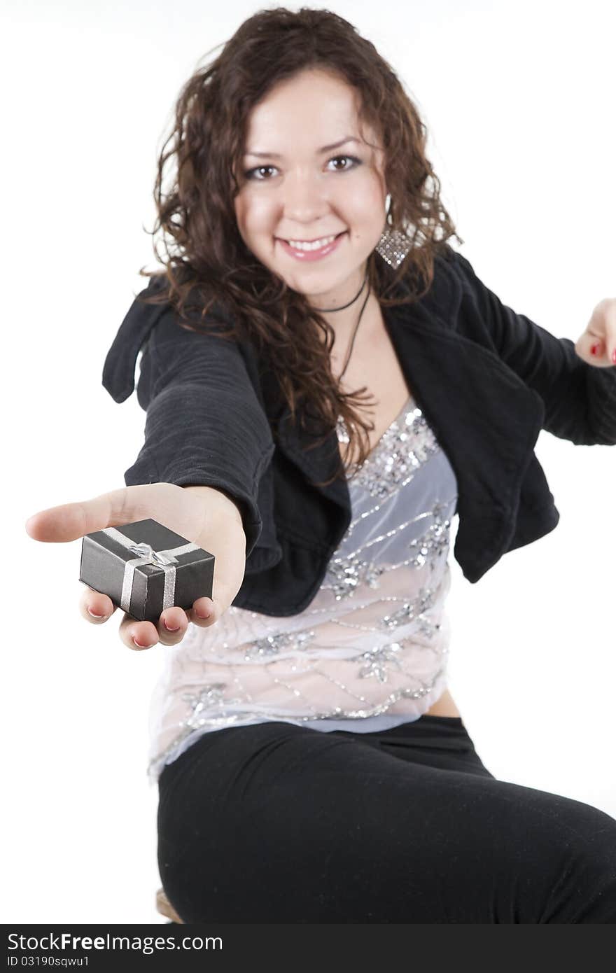 Cherfully Young Lady And Gift On White Background