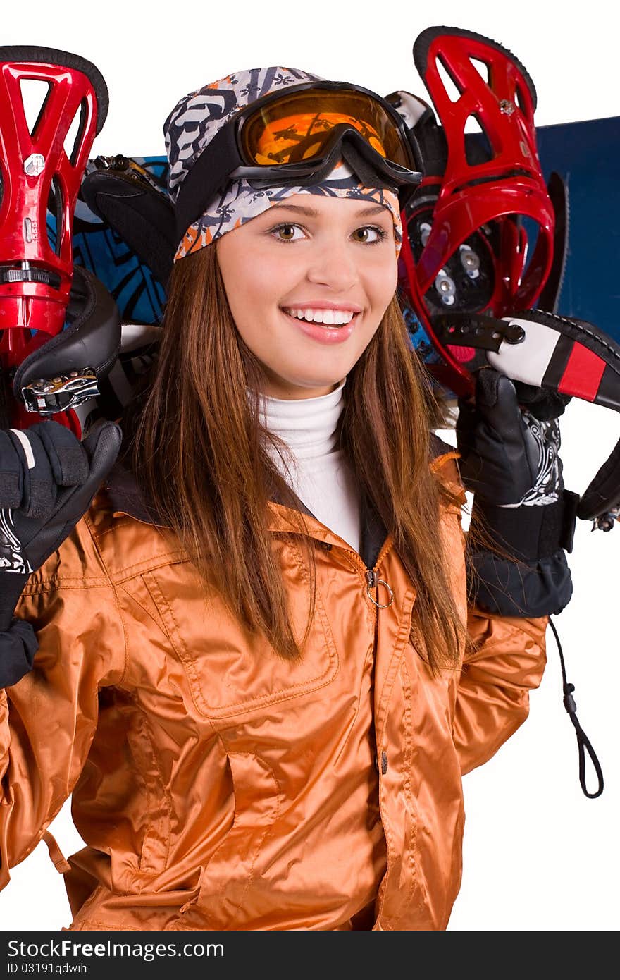 Portrait of young snowboard smiling woman; isolated on white. Portrait of young snowboard smiling woman; isolated on white