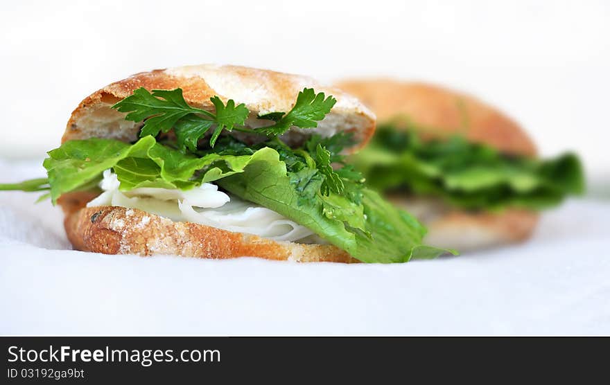 A sandwich of white cheese, lettuce and parsley. A sandwich of white cheese, lettuce and parsley.