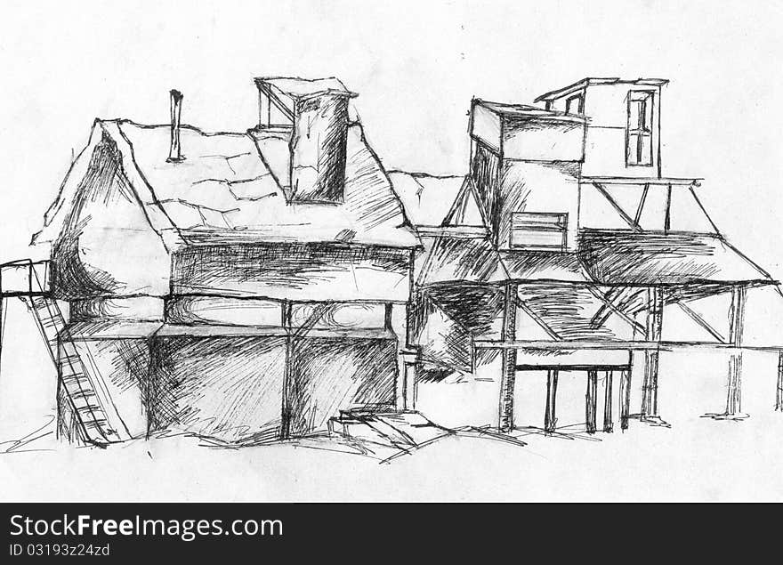 Vintage mill. Grungy old building. Hand drawing