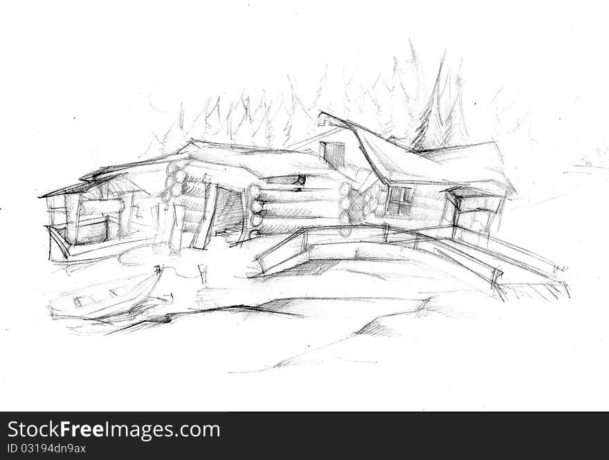 Wooden house ( logs ). Grungy old building. Hand drawing