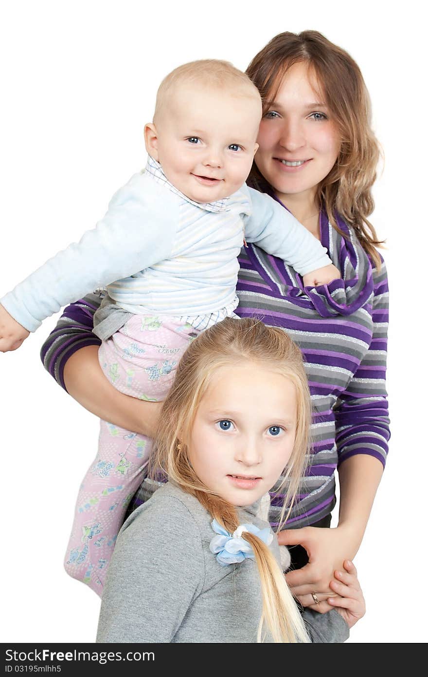 Portrait of a mother with daughter and son on a white isolated background. Portrait of a mother with daughter and son on a white isolated background