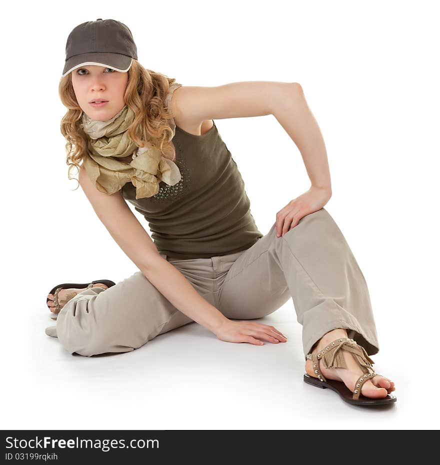 Portrait of fashionable girl in dress khakis on white. Portrait of fashionable girl in dress khakis on white