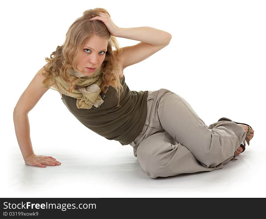 Portrait of fashionable girl in dress khakis on white. Portrait of fashionable girl in dress khakis on white