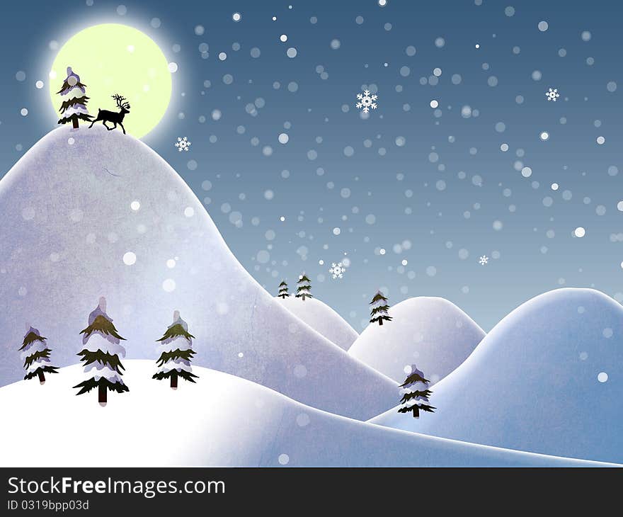 Christmas landscape and reindeer on a moon