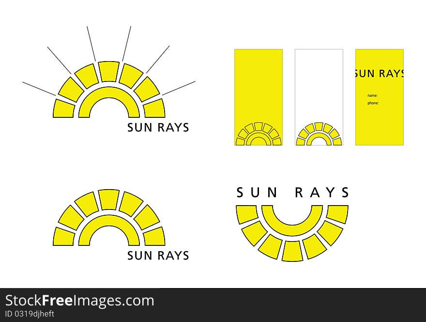 Three variations of simple logo reflecting sunrays along with business card. . Three variations of simple logo reflecting sunrays along with business card.