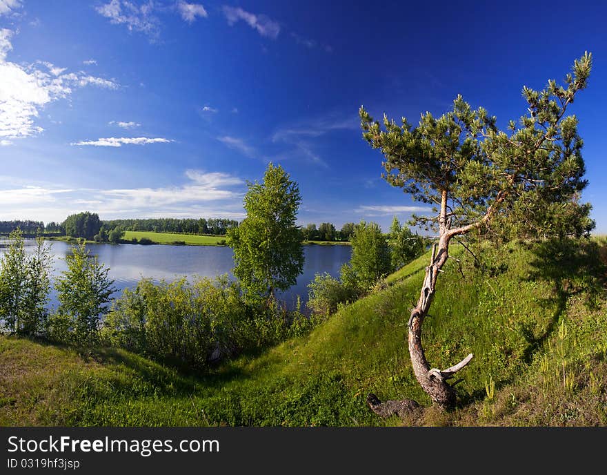 Landscape of lake from high in sunny day. Landscape of lake from high in sunny day