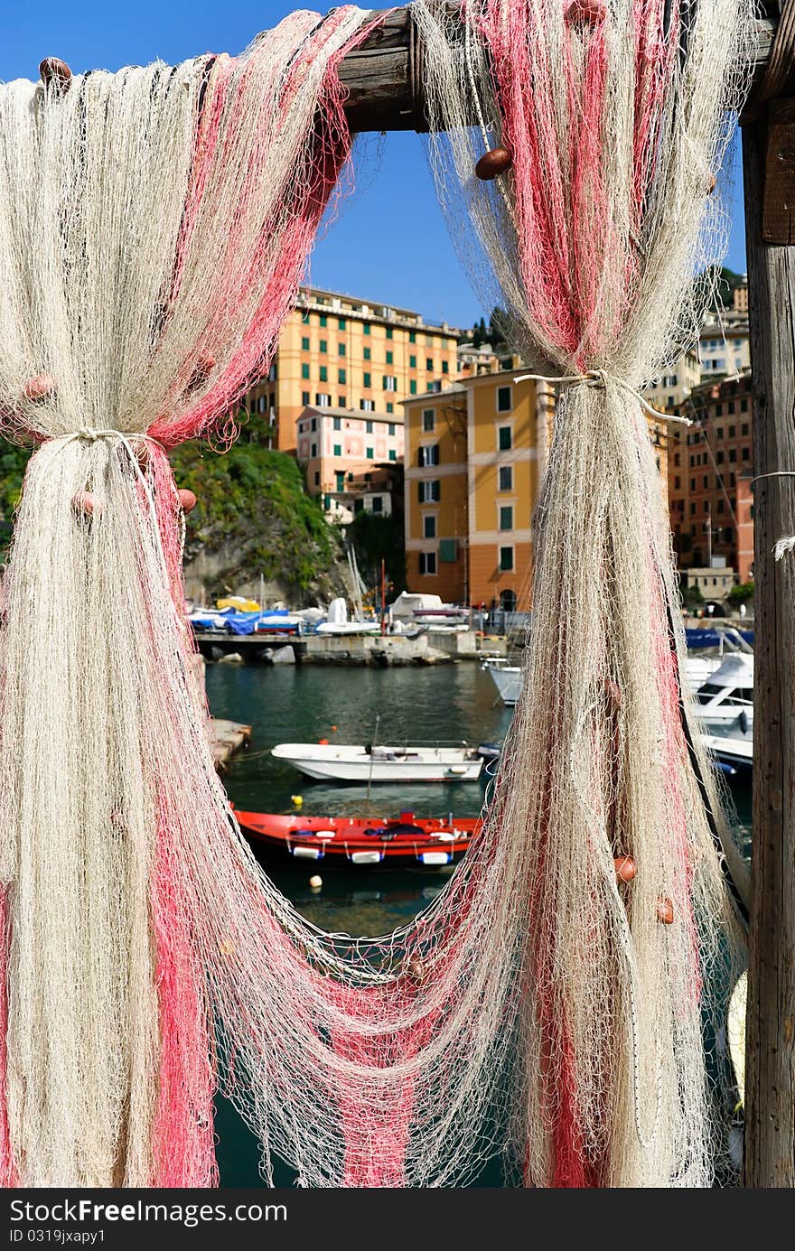 Homes Camogli between fishing nets. Homes Camogli between fishing nets