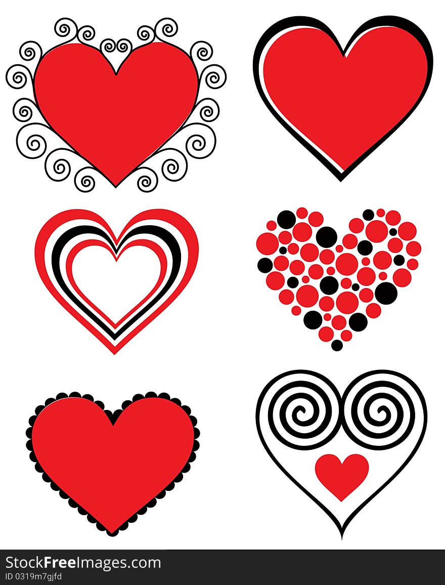 Set of stylized hearts on white background