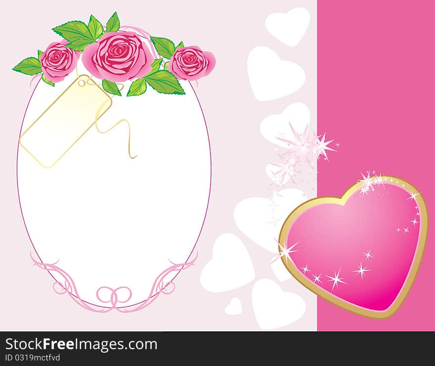 Bouquet of pink roses with heart. Valentines card. Illustration