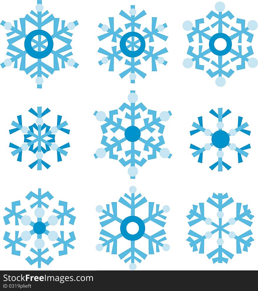 Blue snowflakes of different shapes