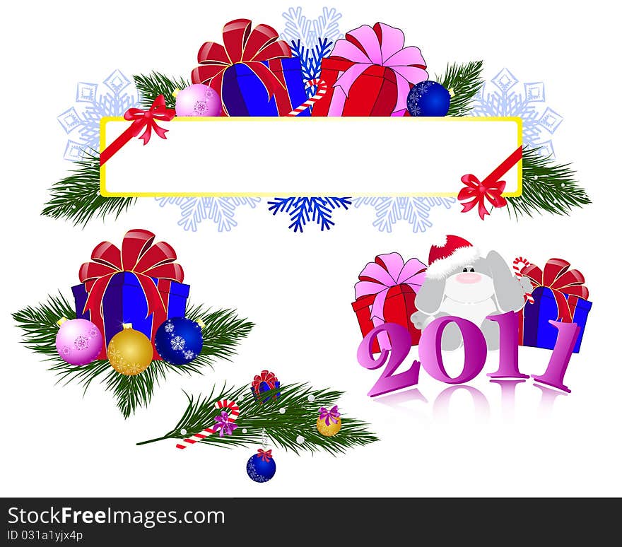 Set of the new year decorations over white background. Set of the new year decorations over white background